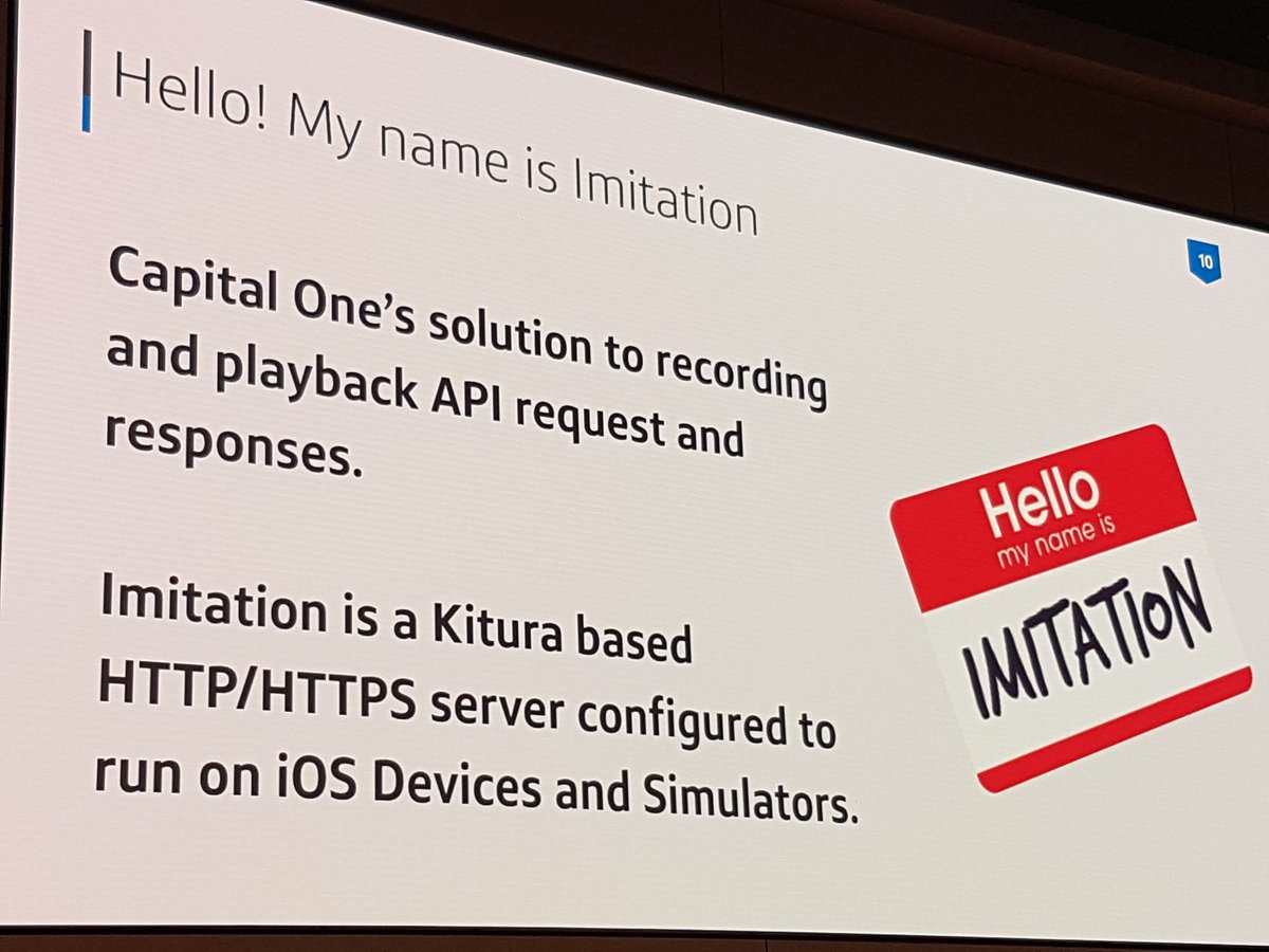 Chris__Bailey's tweet photo. "Stubs + Kitura = Imitation" by @WilFoReal from @CapitalOne at @swiftcloudshop #scw5. A mocking framework, written in Swift using Kitura. https://t.co/RpUcgUOOfQ