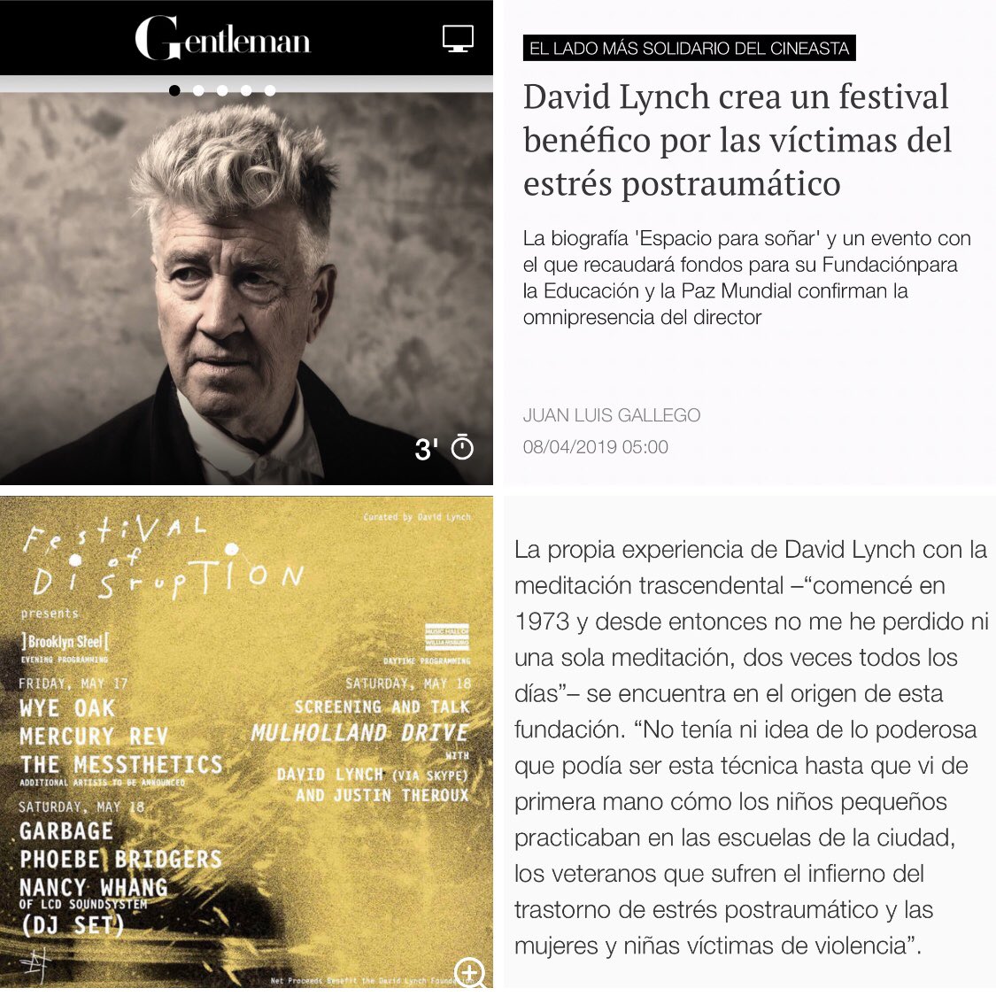 David Lynch Crea Un Festival Benéfico Para ir en Ayuda de Víctimas del Estrés Postraumático y Brindarles Apoyo a Través de la Técnica Meditación Trascendental -MT- Magazine Digital ElConfidencial  - gentleman.elconfidencial.com/personajes/201… - Para información sobre la MT: meditacion.org