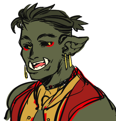 my first official dnd baby, a half-orc bard named maluluy-on (lulu) who's basically the team medic and charmer... somehow. and my friend's cranky dragonborn (texan?) mage who thinks they're A Big Deal. ^^
