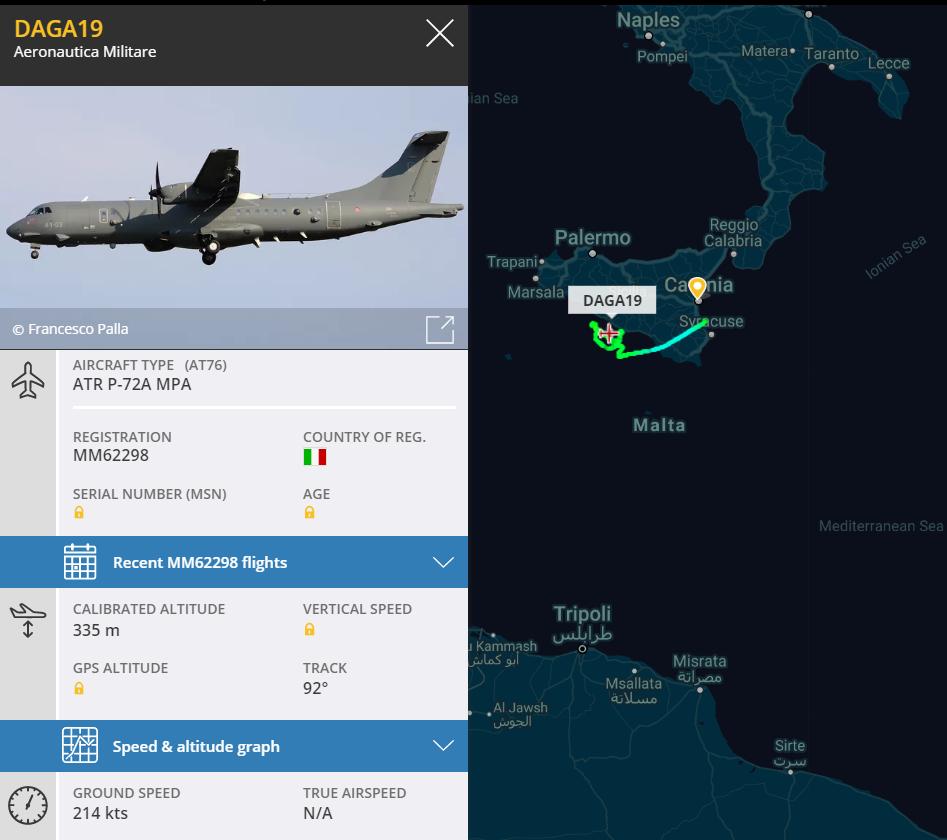 scandura's tweet photo. 2019-05-09 17:45 UTC
⏱️ 19:45 local time

🛩️ Italian Air Force 🇮🇹 ATR P-72A MPA #SPADA19 #MM62298 in flight over Sicilian Channel 🧭 SSW Palma Di Montechiaro / Agrigento.

[TBC: SAR #migrants #migranti, ISR patrol mission or training] https://t.co/PEUZwkO2we
