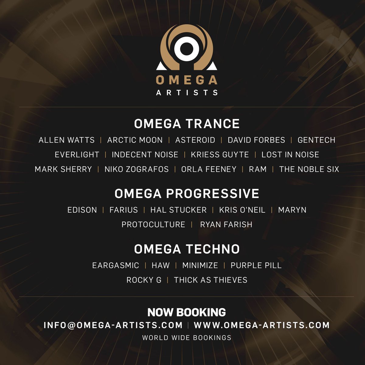 Whether you preference as a promoter or music lover is Trance, Progressive or Techno, Omega Artists have you covered. #trance #progressive #techno