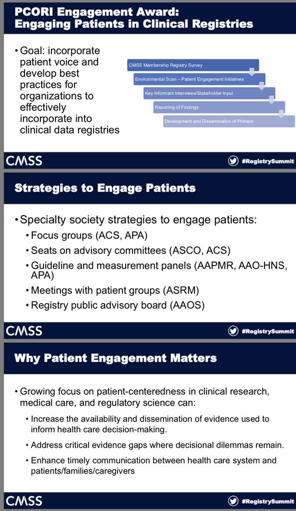 m_e_nielsen's tweet photo. 👏👏👏Sarah Sampsel presenting
@PCORI-supported @CMSSmed work on patient engagement in clinical registries
(+ 🥇 #RegistrySummit mtg app w slides all loaded) https://t.co/X59gesnCYp