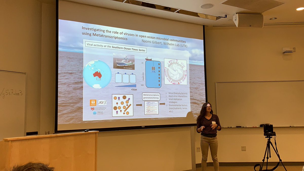 UTKMicrobiology's tweet photo. @Gann_ER, @negilbert2, and @helena_pound from the @TN_Marine_Micro lab took a field trip to the #viromicsworkshopOSU hosted by @mbi_osu to get experience with the newest viral discovery tools! They gave one minute #flashtalks describing their research. Photo credit: @Varsani_lab https://t.co/gQavJxjd7g