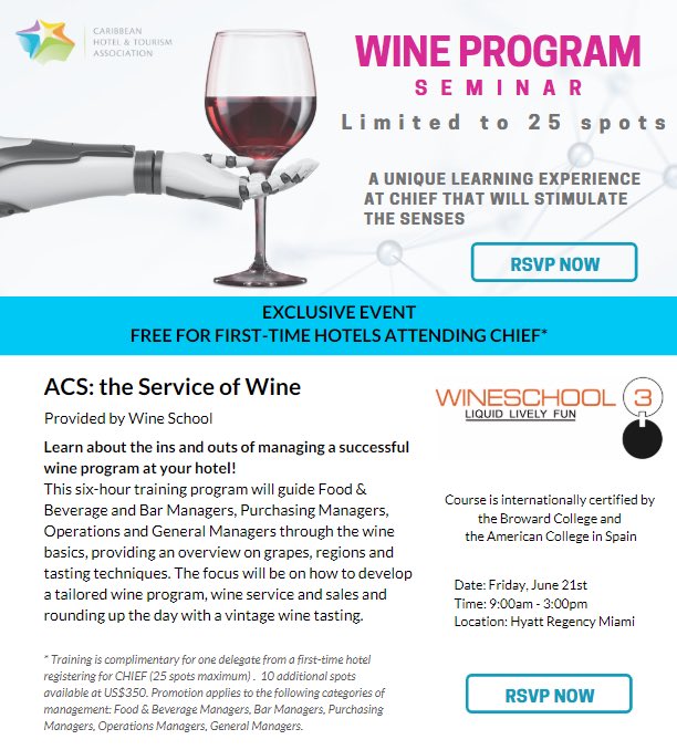 CHTANow's tweet photo. Learn about the ins and outs of managing a successful #wineprogram at your hotel for FREE when you are a first-time hotel registering for #CHTACHIEF19! Email events@caribbeanhotelandtourism.com to RSVP! https://t.co/0vQ1lgMO0Y