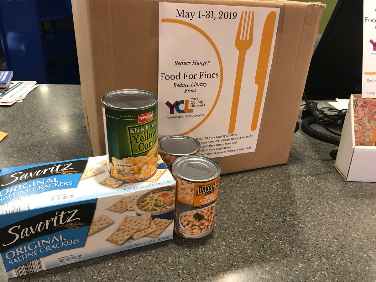 DoverAreaLib's tweet photo. Have library fines? Bring us some nonperishable food items during May and we'll take a dollar off your fines for each item! https://t.co/MWXtCpU4aZ