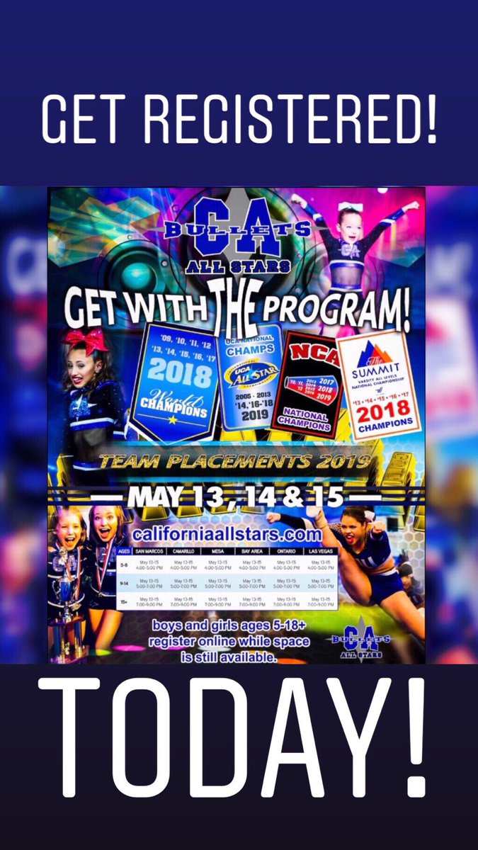 XoKellieXo16's tweet photo. You don’t want to miss out on the 2019-2020 season at CALI AZ! Get registered today! #AllPaidBids #WorldsFinalists #SummitFinalists #WorldsTopTen #SummitChampion #SummitSilverChampion #SummitBronzeChampion #TheCaliWay #TheOnlyWay
GET REGISTERED ⬇️⬇️⬇️ https://t.co/OrT5uAqVeQ https://t.co/V58l0L1Bnn