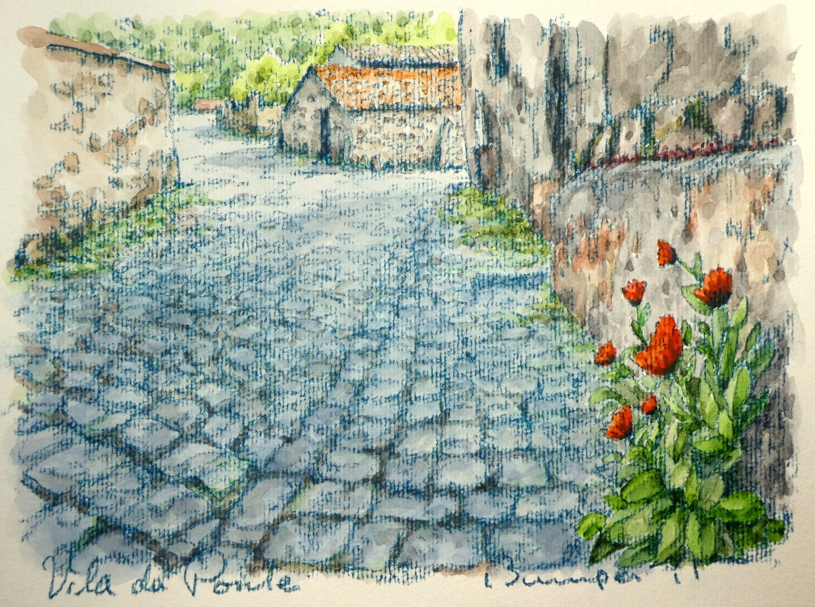 洋画家bumpei Takahashi 水彩画 花 石畳 ポルトガル 風景画 Portugal Viladaponte 何気なく 自然に道端に自生しているオレンジの花 これだけで村の印象が 景色が随分違ってくる T Co Prxgwcjkrq Twitter