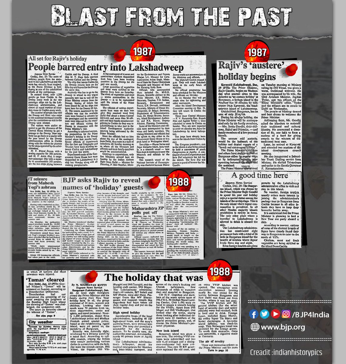 BJP4India's tweet photo. Blast from the past...

when India saw and outraged at the royally ‘austere’ private holiday trip of then PM Rajiv Gandhi with close friends &amp; family who were ferried exclusively on India’s naval vessels in the exotic Lakshadweep that was made out of bounds for ordinary people! https://t.co/k5M6EEBKGa