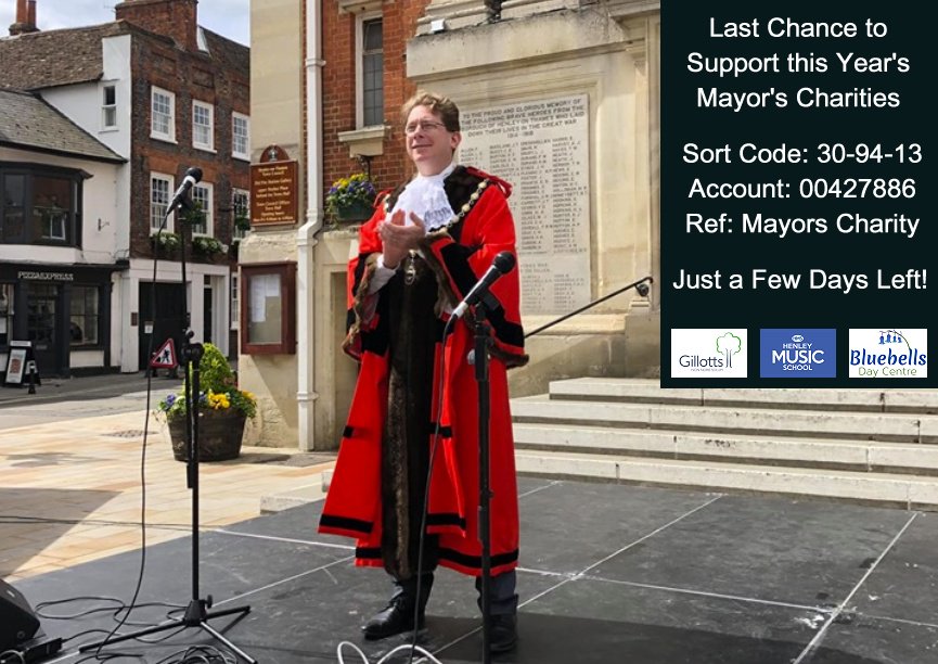 On Monday, I step down as Mayor and my year of fundraising for Bluebells, Gillotts Learning Support & Henley Music School comes to an end. Luckily, there are a few more days left so please consider donating via BACS. Thank you all. @henleymusicsch @GillottsHenley @HenleyBluebells