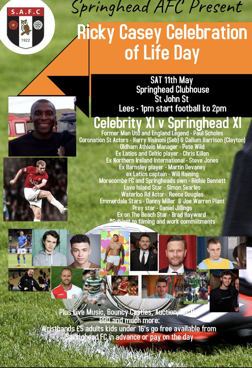 Just want to say a big thank you to <a href="/djillings/">Daniel Jillings</a> <a href="/CallumHarrison0/">Callum</a> <a href="/Harry_Visinoni/">Harry Visinoni</a> <a href="/Willhaining/">William Haining</a> <a href="/SimonSearles/">Simon Searles</a> <a href="/Bradleyhayward_/">Brad Hayward</a> <a href="/reecedouglas1/">Reece Douglas</a> and all other celebs playing for Ricky’s day on Saturday 👏🏻...please note line up is subject to change depending on film and work commitments