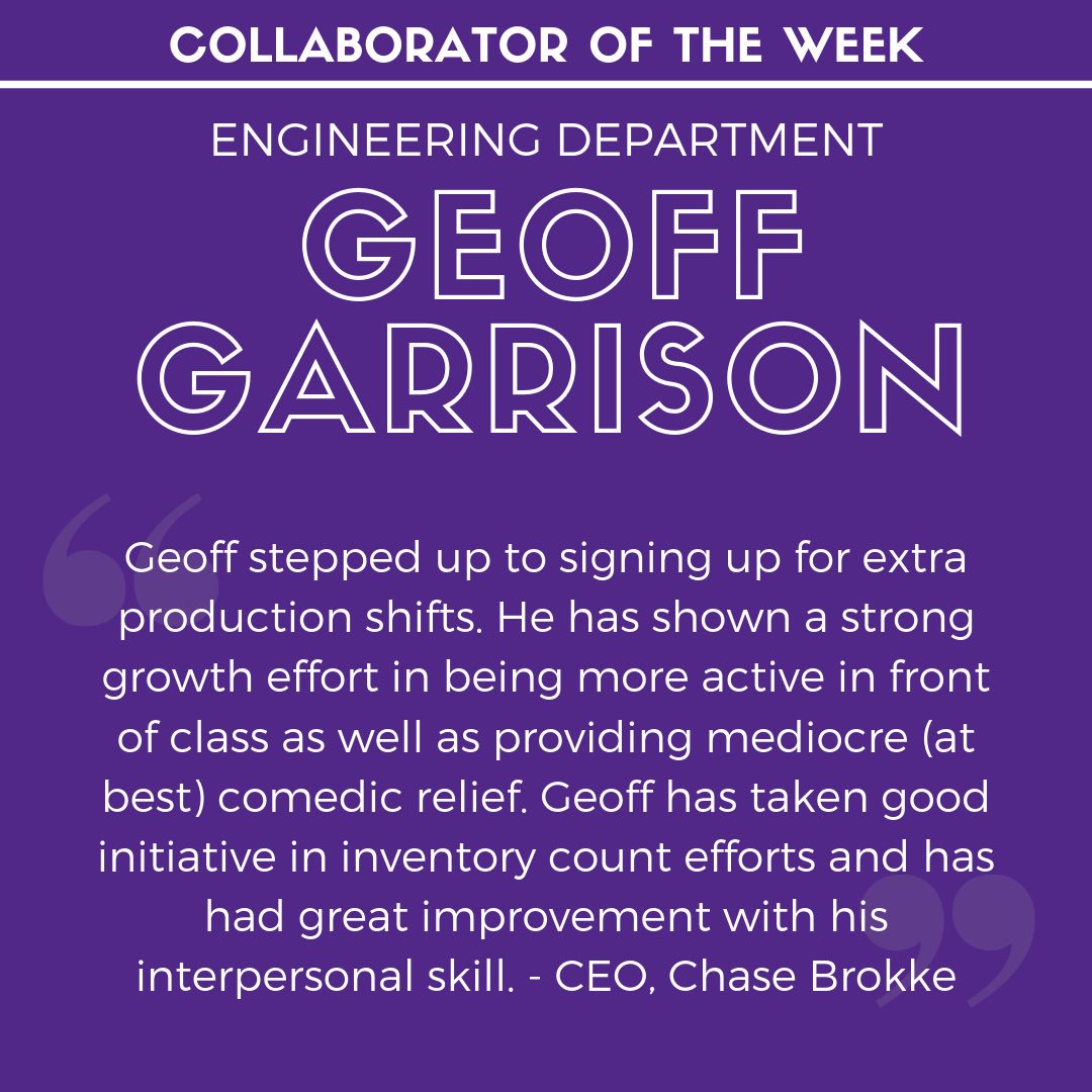 WillieAndCoLLC's tweet photo. Collaborator of the Week goes to Geoff Garrison. Thanks for your hard work and subpar jokes! https://t.co/dM2nr0tflG