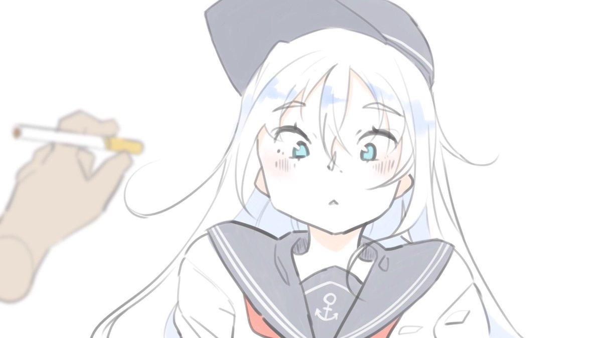 hibiki (kancolle) 1girl long hair hat school uniform white hair serafuku blue eyes  illustration images