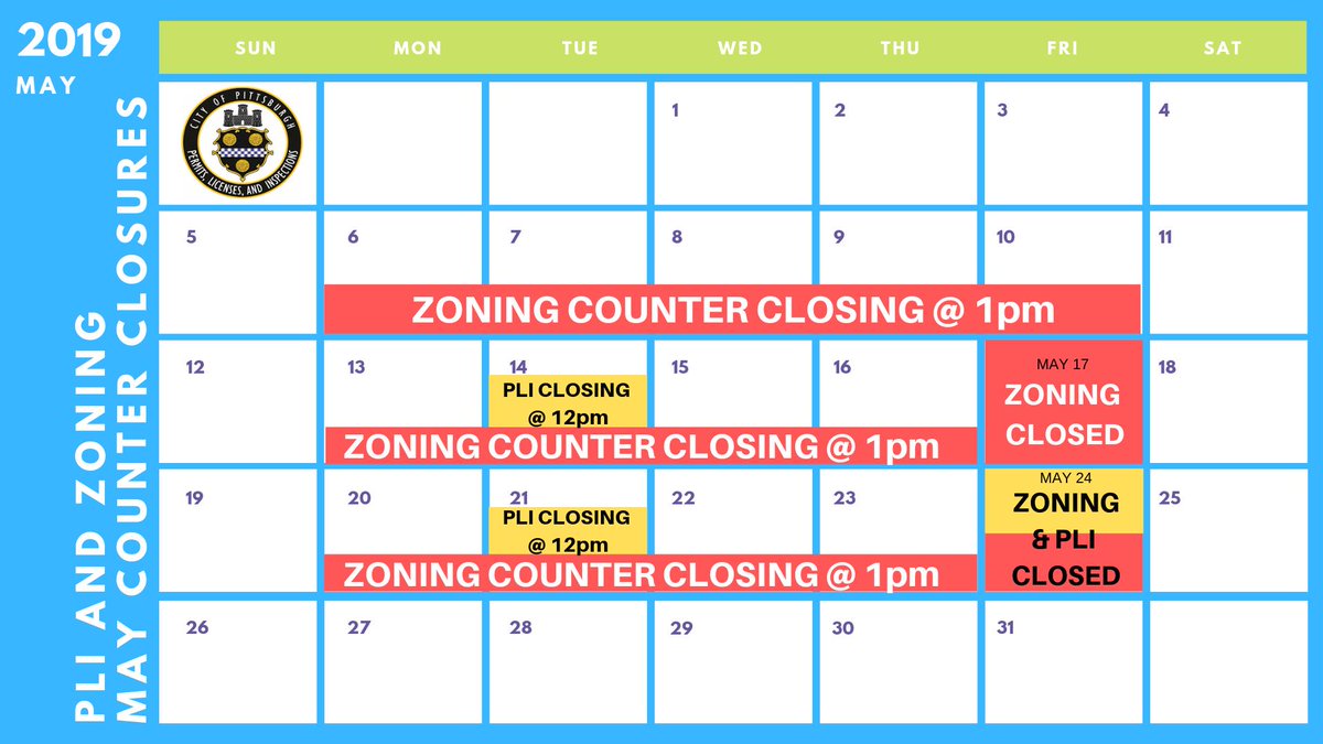 PLI &amp; Zoning are offering limited hours this month as we prepare for the launch of online permitting on OneStopPGH! Check out the calendar below, or check out our google business pages for operating hours in the month of May.