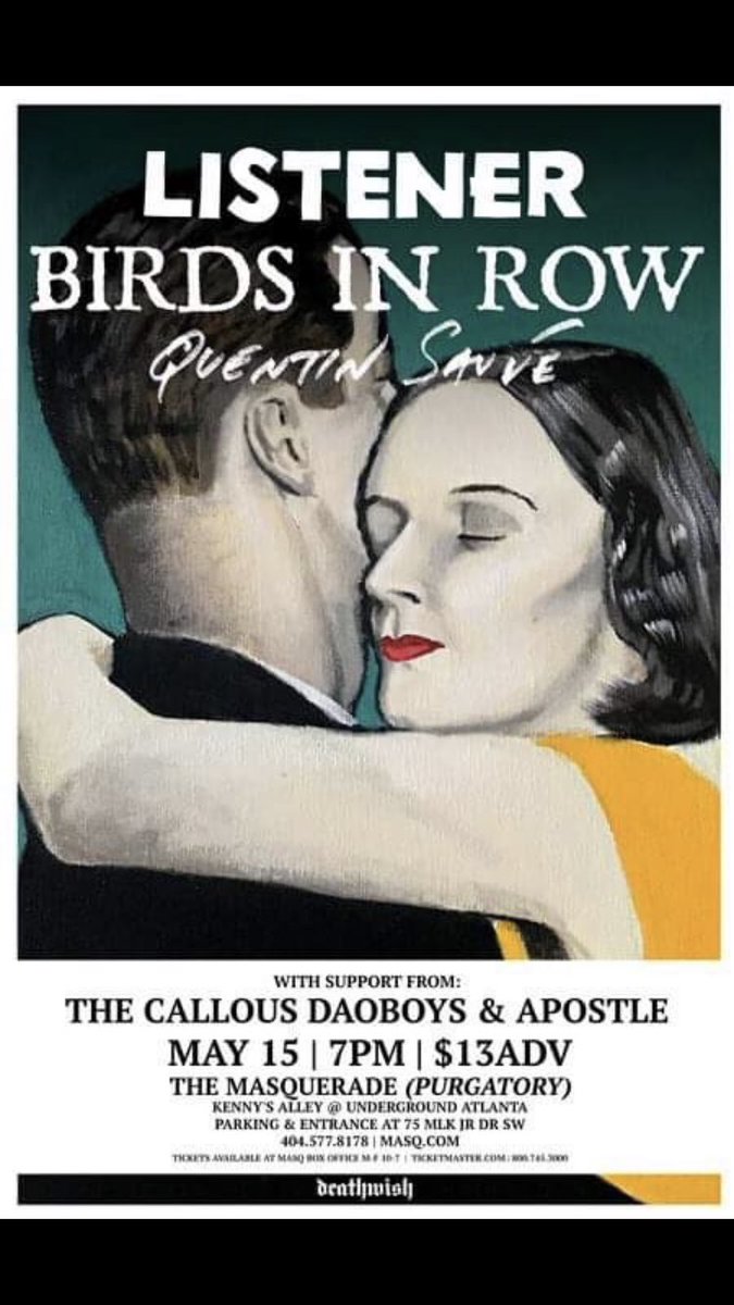 You like music? 

Well great news! 

This show is next week!

We got tickets ($10) if you want to save a few bucks! Hit us up! 

#apostle #apostlesucks #listener #birdsinrow #themasquerade #atlanta #shows #hashtag