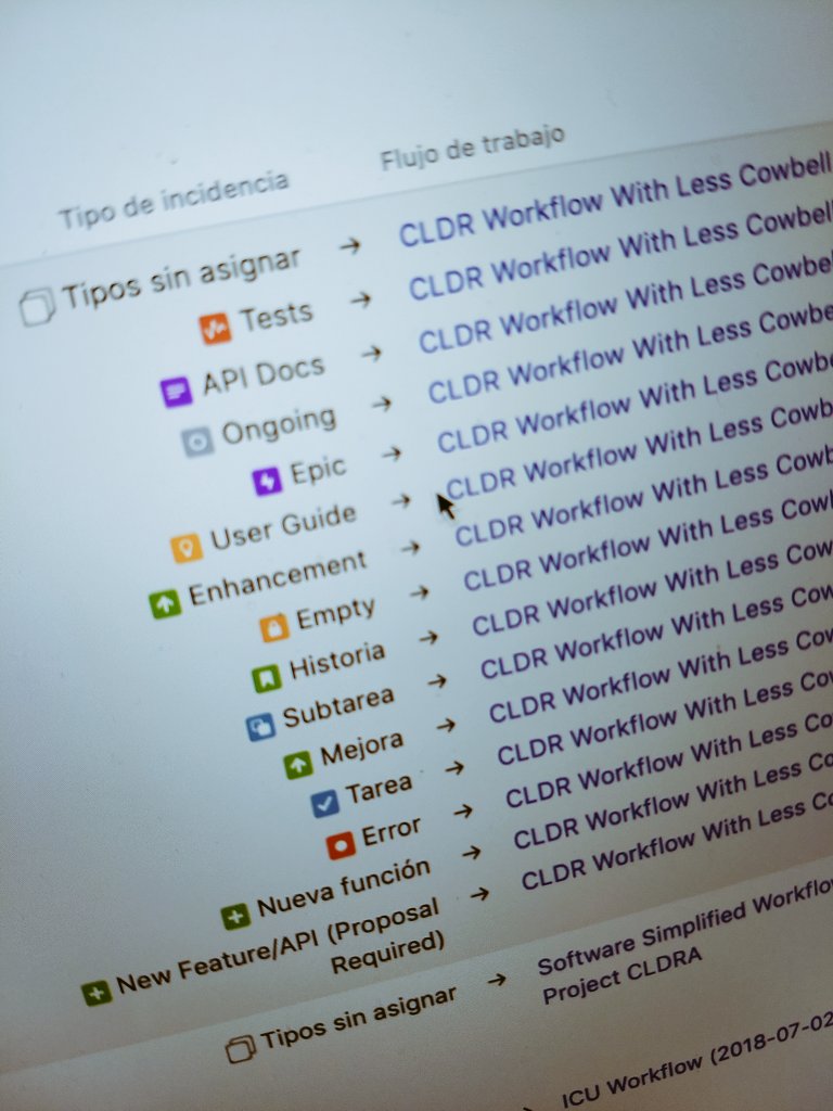 Jira incident types, Spanish UI. "cldr workflow with less cowbell"

Tipos de incidencia en español. Flujo de trabajo.