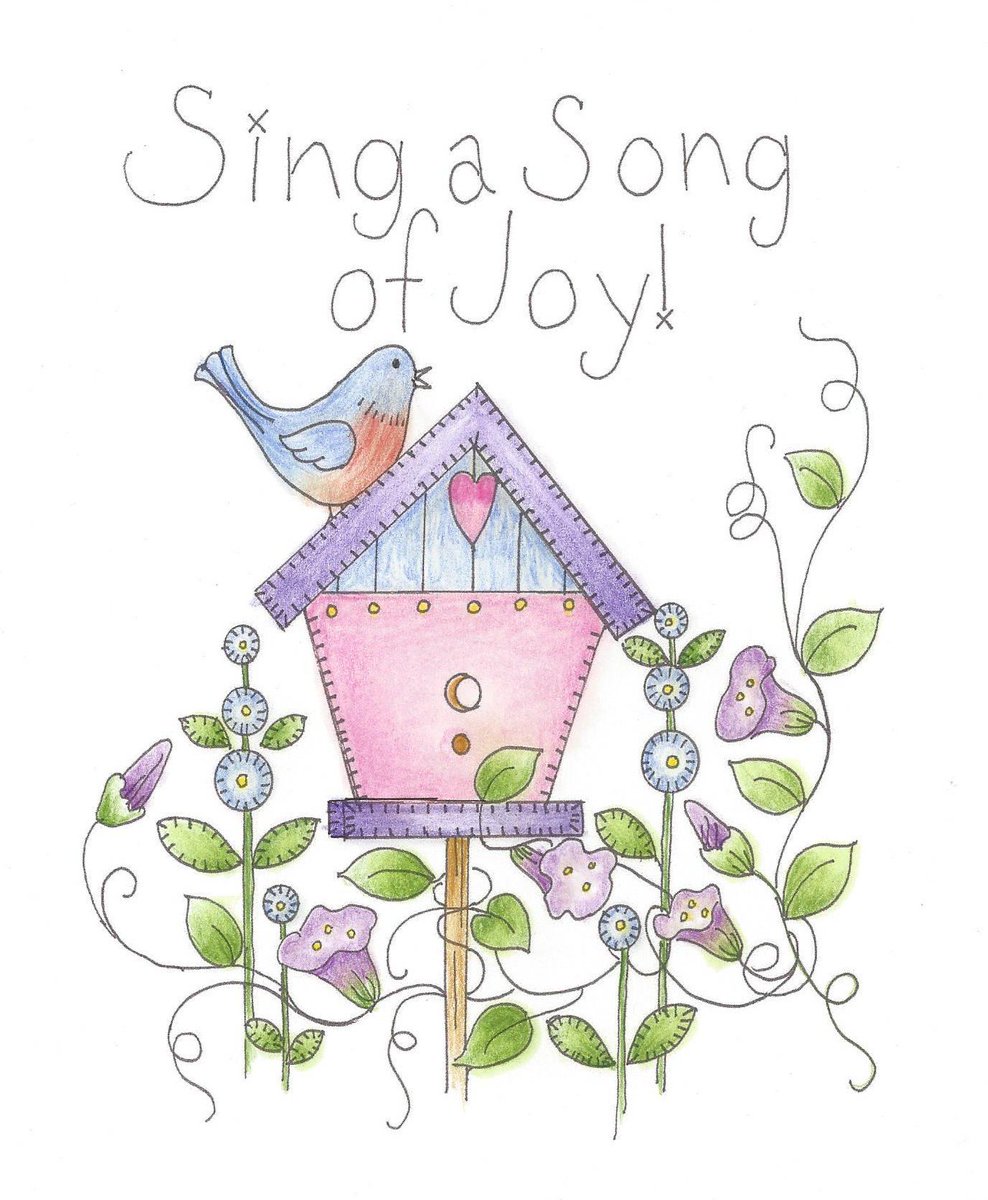 spoolady's tweet image. New BOM, start anytime, Sing A Song of Joy, hand embroidery Garden scene blocks, $15 a month includes pre-printed, pre-colored design, flannel stabilizer and instructions. White, Natural or Teadye