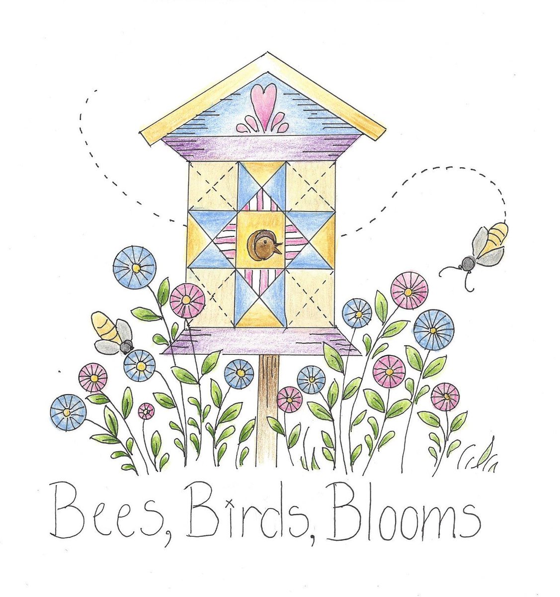 spoolady's tweet image. New BOM, start anytime, Sing A Song of Joy, hand embroidery Garden scene blocks, $15 a month includes pre-printed, pre-colored design, flannel stabilizer and instructions. White, Natural or Teadye