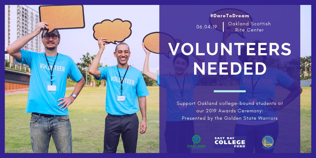 Calling all #Oakland community members! We're looking for #volunteers to support 400 Oakland raised college-bound students at our 2019 Scholarship Awards Ceremony. If you're interested, sign up today: signup.com/go/CrJHBQH