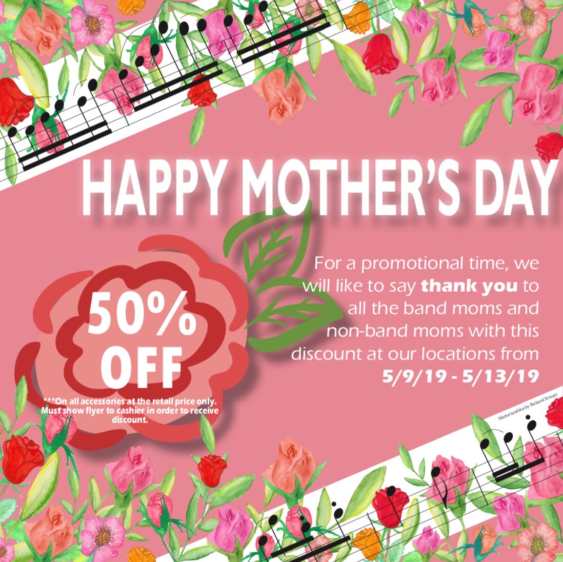 HSMusicService's tweet image. We’re celebrating Mother’s Day now! 💐 
Only valid through 5/9-5/13 🎶 

Available at both locations! You MUST show this flyer via phone or print to receive the discount.
