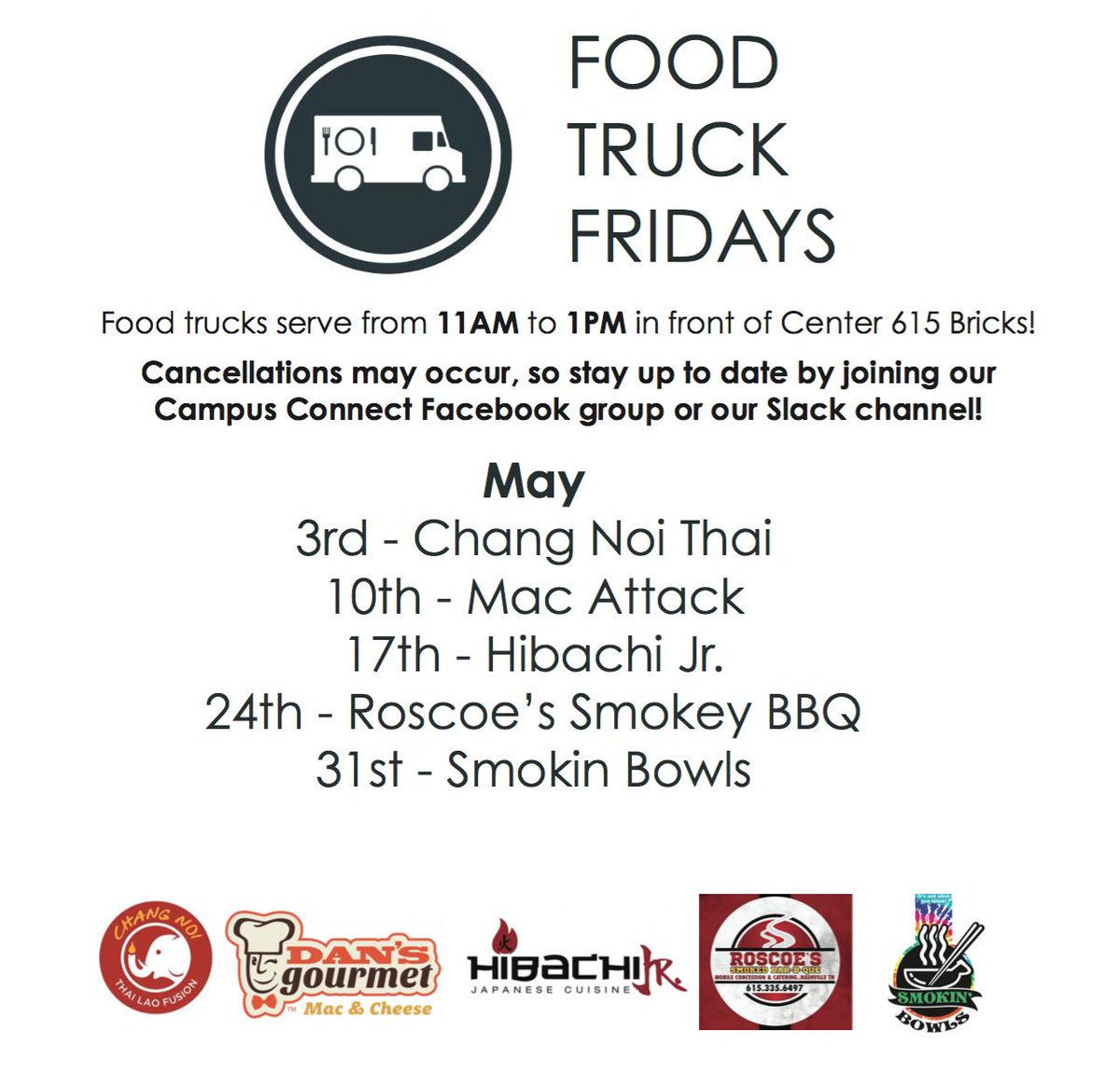 Center615's tweet photo. Food Truck Friday tomorrow with @DansGourmet from 11am-1pm in front of Center 615 Bricks, 625 Main Street. Come get some delicious mac &amp; cheese. Check out our line up for May!
.
.
.
#center615 #foodtruck #foodtrucksfriday #eastnashville #nashville #office #officespace #friday https://t.co/1D1qJFQsKu