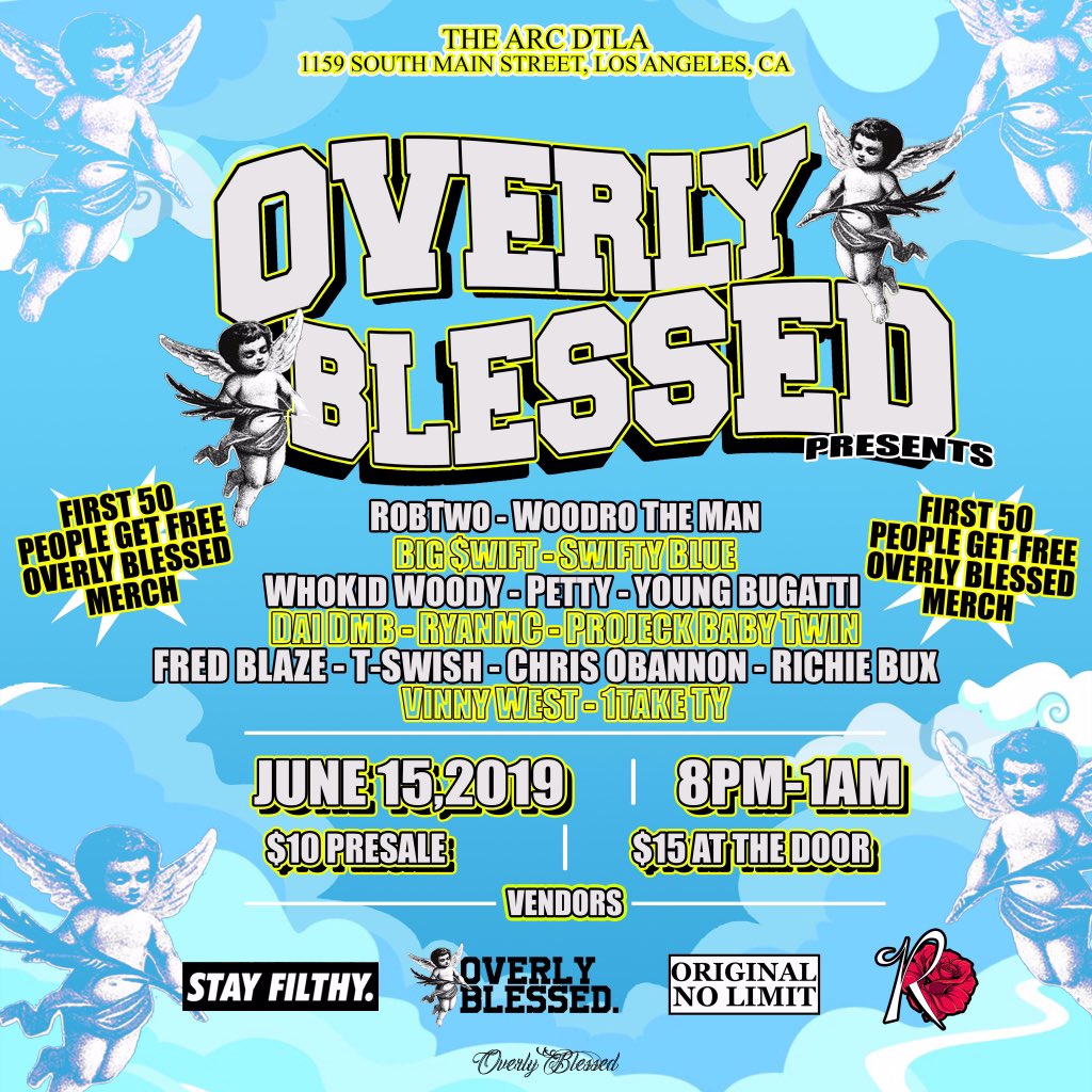 StayFilthyCo's tweet photo. Overly Blessed Presents

@RobTwo_ @WoodroTheMan @Big_Swift @ItsTswish @21RyanMC + More! 

Pop Ups: @StayFilthyCo #OverlyBlessed, #OriginalNoLimit &amp; @RosecransAvenue 

June 15th 8pm - 1am
Presale tickets $10, $15 at the door 

https://t.co/dp9t4vZerA https://t.co/hMFT7Gc854