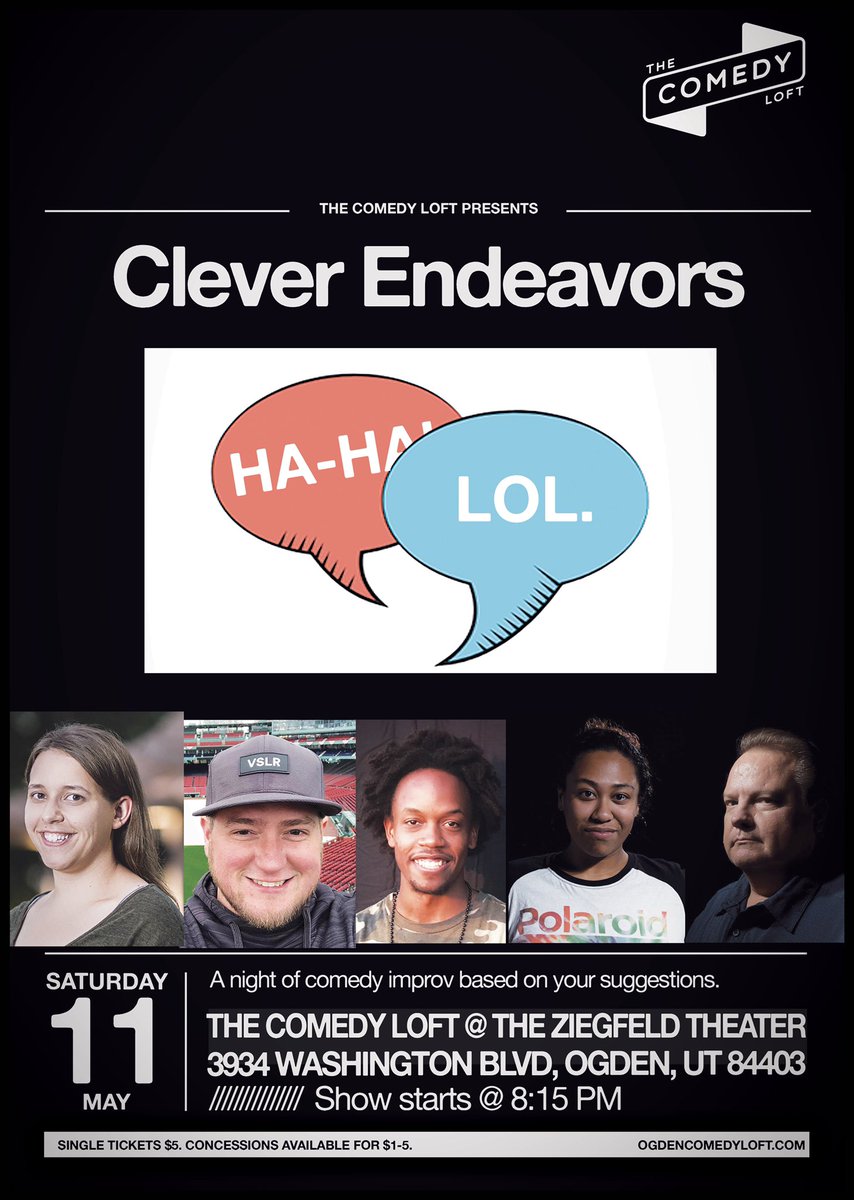 #CleaverEndeavor takes audience suggestions and creates #improv magic! 
Featuring Sarah Bogen, Adam Rossander, Jordan Sanders, Rachel Washington, and Bill Avis. Hosted by Stephen St. Peter.
#ogdenimprov #improvcomedy  #myogden #indieogden #ogdenisawesome #ogdenarts #ogdencomedy