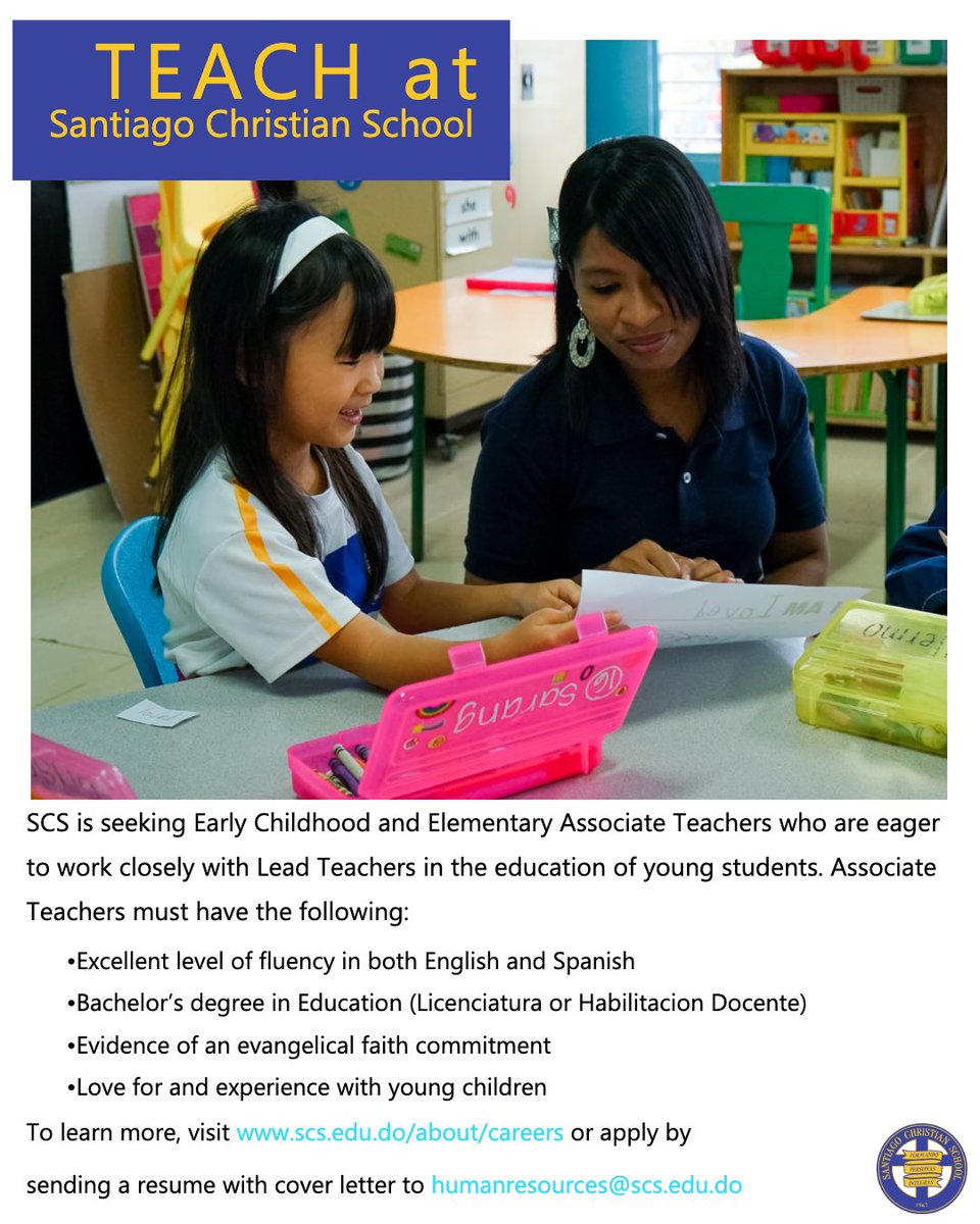 OfficialSCS's tweet photo. ¿Conoce de algún educador dominicano local que podría ser un buen complemento a la familia de SCS? Buscamos maestros asistentes del nivel inicial y primario. ¡Comparta y de Me gusta a esta publicación para ayudarnos a encontrar gente que pueda ser parte de nuestro personal! https://t.co/4A72Sq1bGR