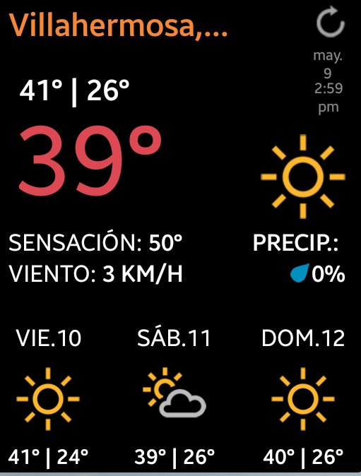 Con datos obtenidos de nuestra estación meteorológica ubicada dentro de la ciudad de #Villahermosa (2:59pm 9 de Mayo 2019)

Temperatura: 39.5°C
Sensación Térmica: 50°C.

Para los próximos 10 días continúa el pronóstico de temps máximas entre los 39 a 41°C.

Manténgase hidratado.
