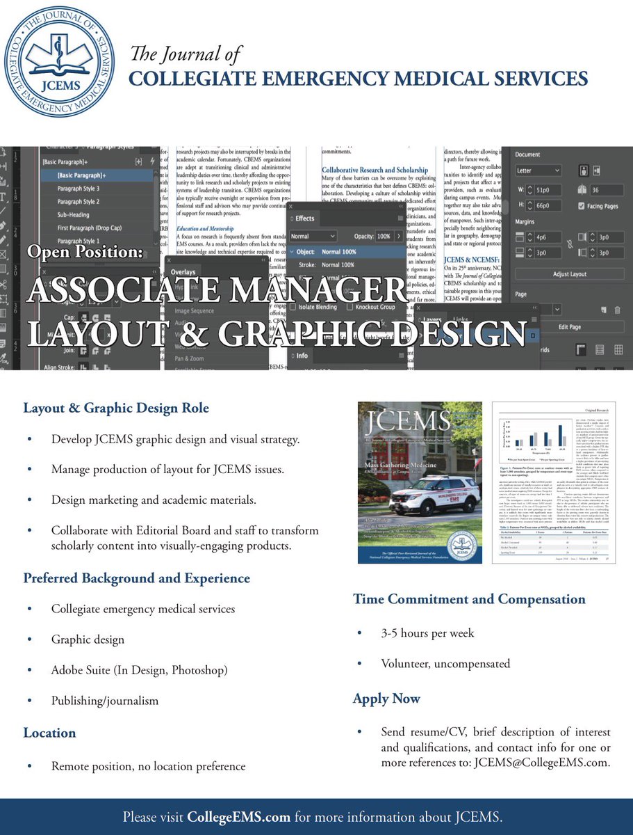 Interested in joining JCEMS? Consider applying for the position of Associate Manager of Layout and Graphic Design! Send a resume/CV, brief description of qualifications/interest, and contact information for at least on reference to JCEMS@CollegeEMS.com collegeems.com/editorial-boar…