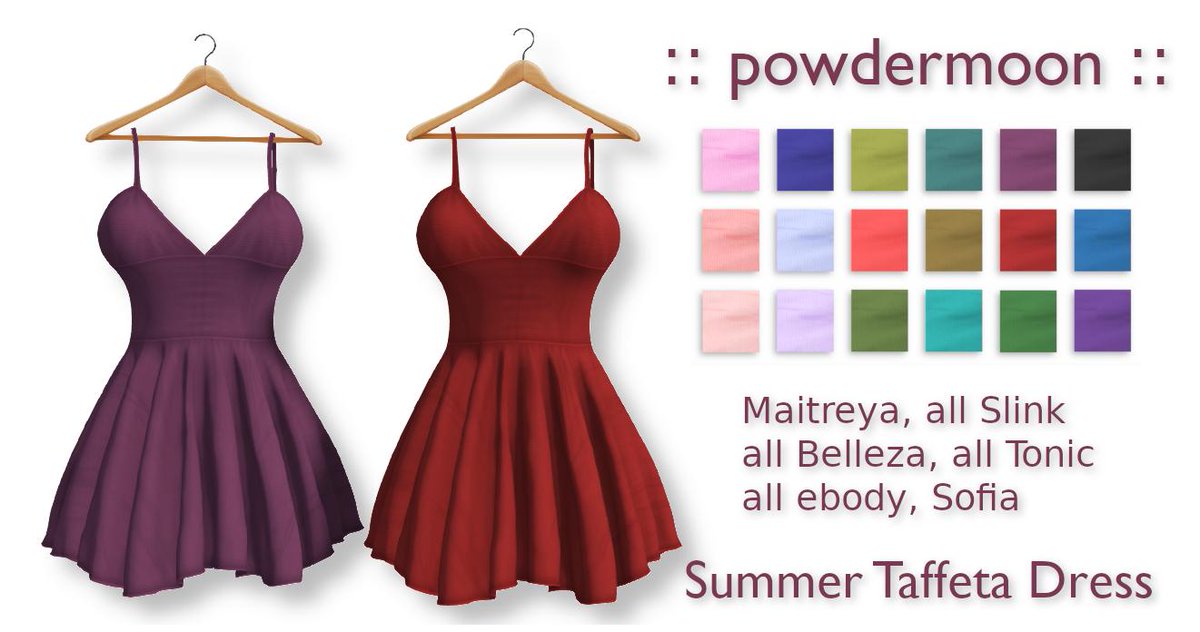 powdermoon1's tweet photo. Summer Taffeta Dress - 199L for the first few days, then 299L thereafter.

#SecondLife #SecondLifeFashion #SLFashion

https://t.co/Zyvpqi1oYR https://t.co/qXESt0i84N