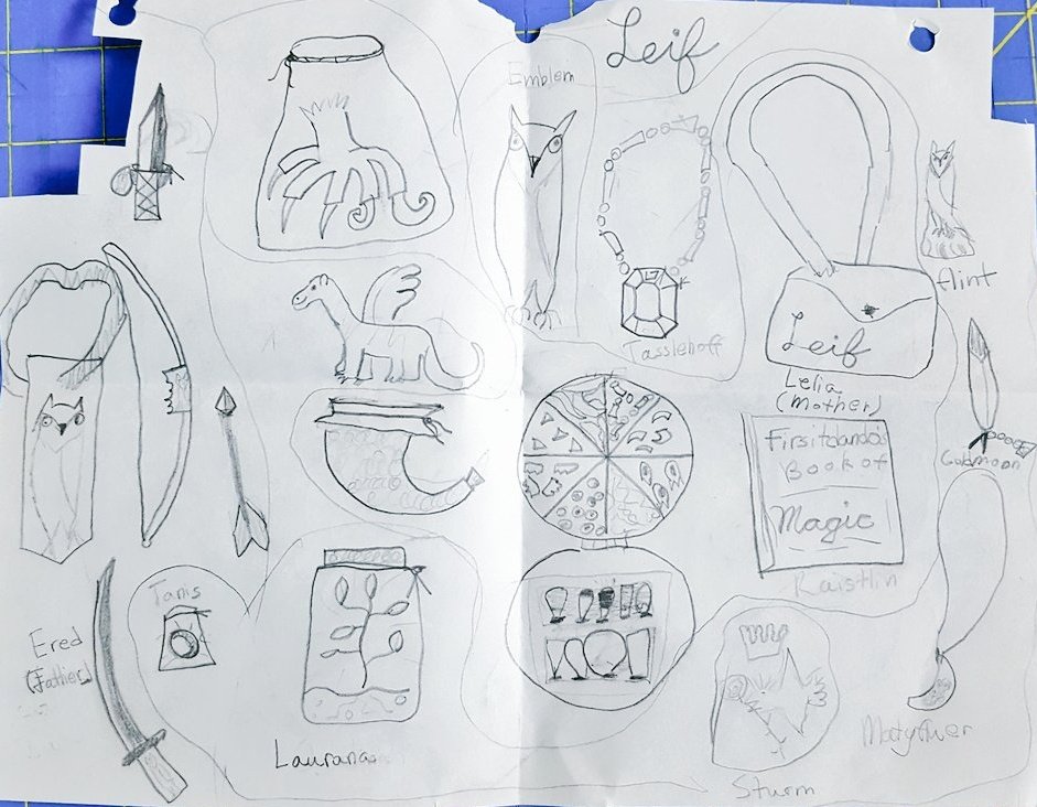 GUYS I found an image of my drawing (from 4th grade) of the inventory and trinkets each member gave Leif on her journey!! My heart ? Matafluer gave her a moon pendant. 