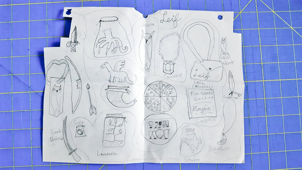 GUYS I found an image of my drawing (from 4th grade) of the inventory and trinkets each member gave Leif on her journey!! My heart ? Matafluer gave her a moon pendant. 