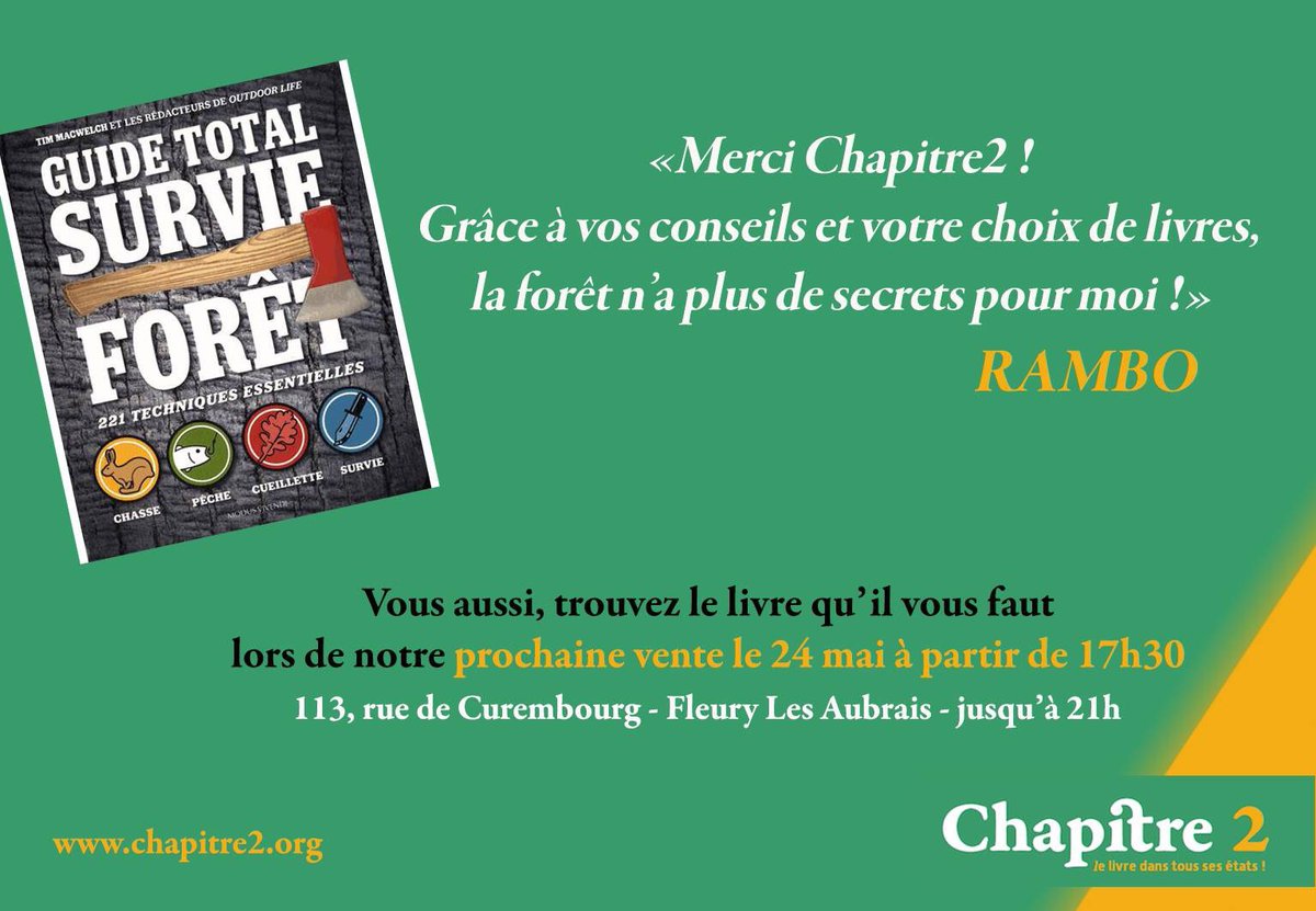Rambo a apprécié le guide total survie en forêt recommandé par Chapitre2... vous aussi, découvrez  le livre qui vous révélera votre moi profond le 24 mai (⬇️)