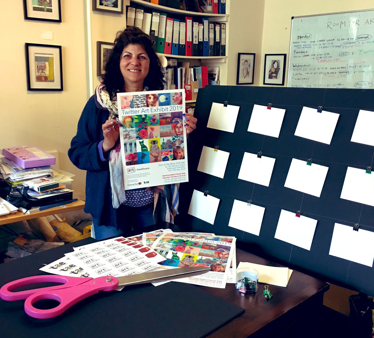 PAEartforacause's tweet photo. It’s happening guys!! Getting the cards sorted out ready for the opening on Saturday! Look at the size of those scissors!! What are those for!!? 😳😁👍🏼 #TAE19 https://t.co/jdiDEsxnQV