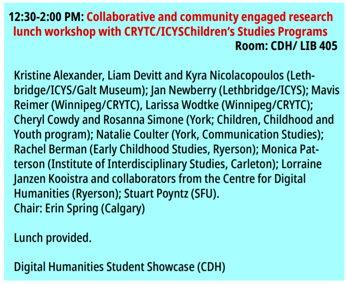 ARCYP1's tweet photo. Join us over lunch for a very special workshop on Collaborative and community engaged research
with CRYTC/ICYSChildren’s Studies Programs here at #youngsters2 #youngsters2019 at @RUFacultyofArts @RyersonU #arcyp #kidlit https://t.co/JSRMOwYx3q