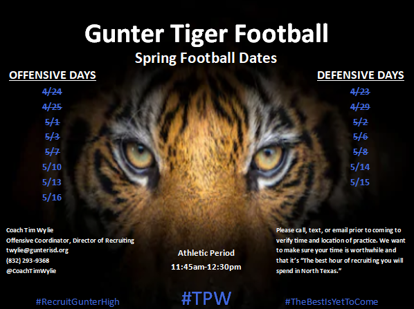 gunter_football's tweet photo. Gunter Tiger Football thanks @Tyler_Bolfing of @ULM_FB & @CoachMattStorm of @SFA_Football for stopping by to see our prospects. Come see some great @GunterHSTigers and find out why we are "The best hour of recruiting you will spend in North Texas." #RecruitGunterHigh https://t.co/g78rhWZ71V