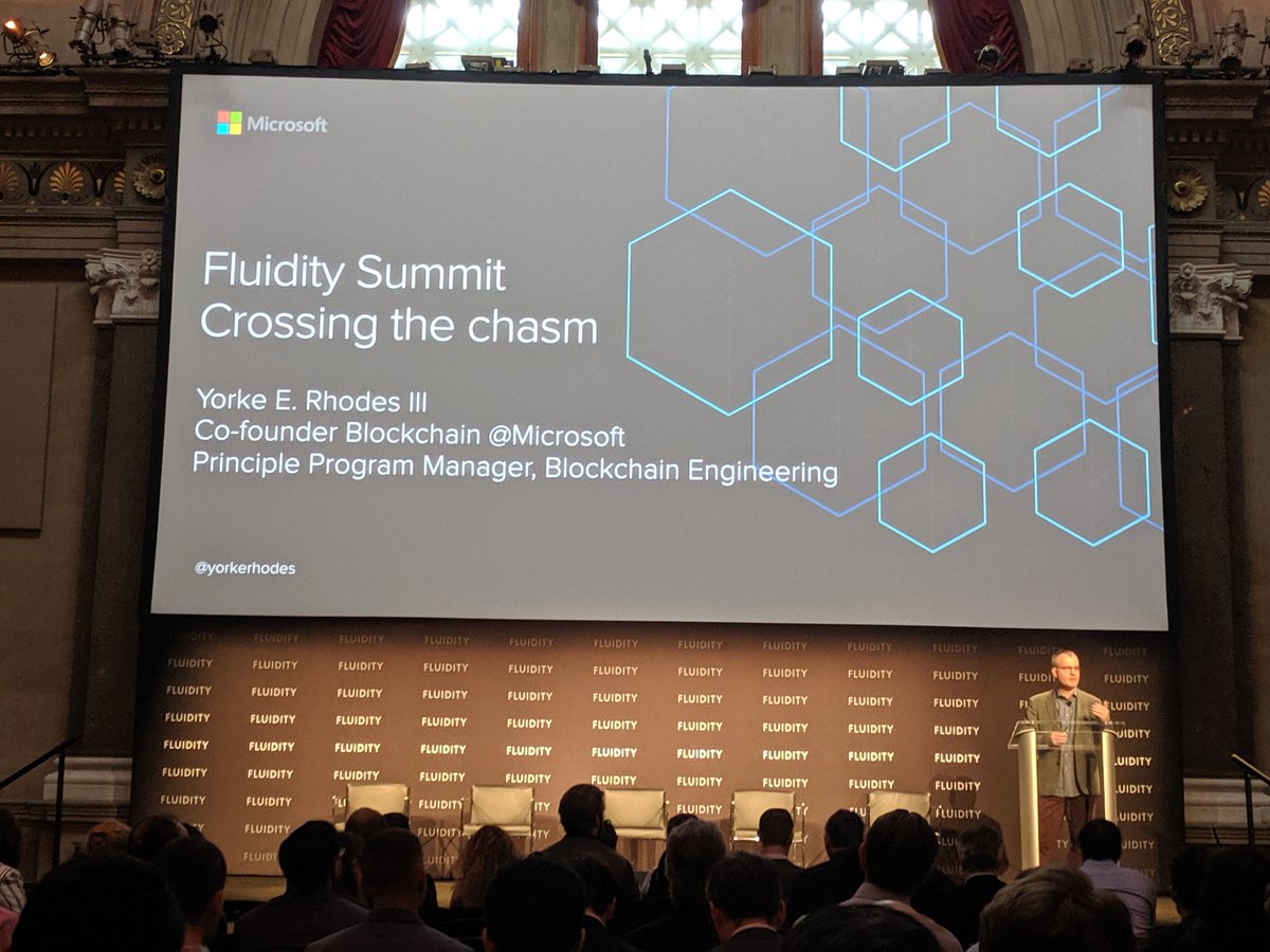 Amberdataio's tweet image. Crossing the chasm  @yorkerhodes from @Microsoft #azureblockchain on stage @fluidityio