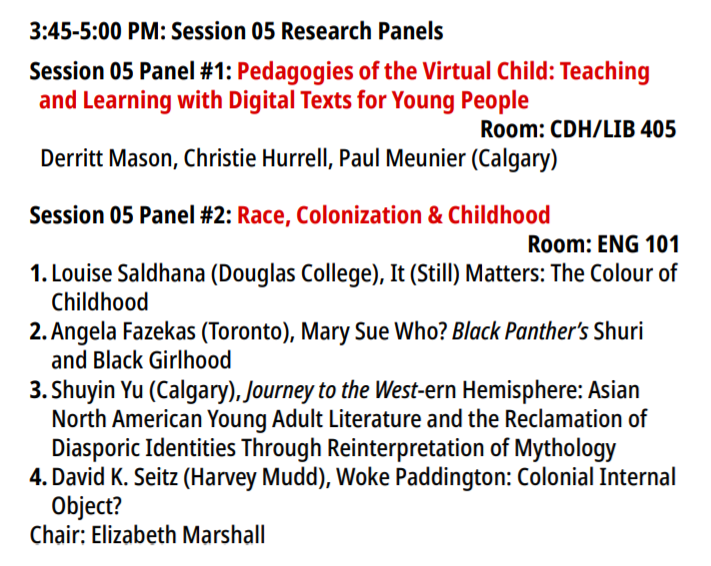 ARCYP1's tweet photo. That time already? Our final panels are starting! We have digital pedagogy; race, colonization and childhood; affective youth communities; constructing and curating childhood. How will you end #youngsters2 #youngsters2019 at @RUFacultyofArts @RyersonU #arcyp #kidlit https://t.co/DFR9D77U9M
