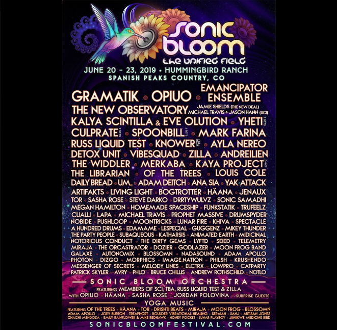 CervantesDenver's tweet photo. The full lineup has been released for @SONIC_BLOOM!
Joining the lineup for 2019: SONIC BLOOM Orchestra ft members of @SCI_Official, @russliquid Test & #ZILLA w/ @OPIUO, @thisishaana, #SashaRose, @JordanPolovina, @UmDotDot, @RealDeitchBeats, #Seied, @adamapollo & more 6/20 - 6/23. https://t.co/Lfpjrnz0jD