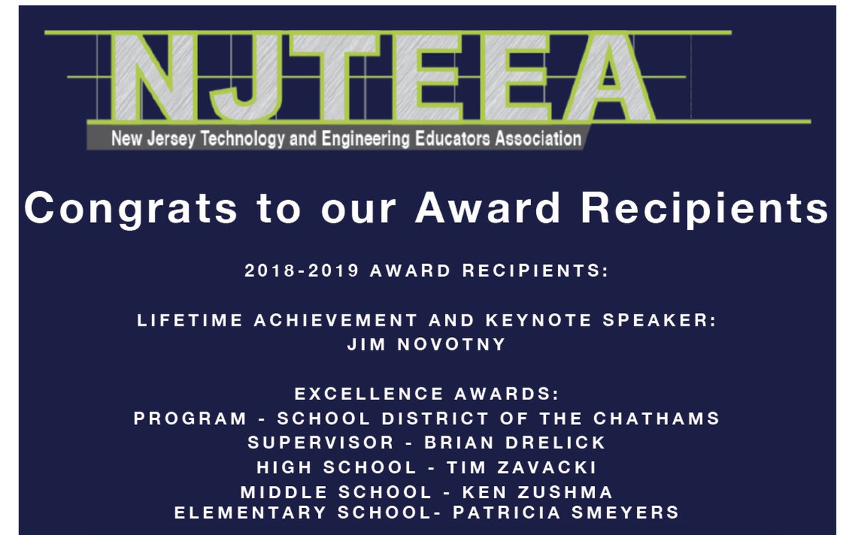 We are pleased to announce the recipient of the 2019 High School Teaching Excellence Award: Tim Zavacki! Tim will be presented this award at the 2019 NJTEEA Awards Dinner.