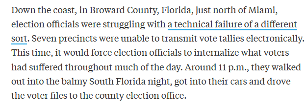 17/ Broward County also experienced problems with the CELLULAR MODEMS in its ballot scanners.  https://www.propublica.org/article/aging-machines-crowds-humidity-problems-at-the-polls-were-mundane-but-widespread