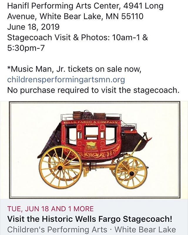 Come visit the historic Wells Fargo Stagecoach at Children’s Performing Arts! #minnesotaevents #event #specialevent #whitebearlake #haniflperformingartscenter #childrensperformingarts bit.ly/2Lva1pP