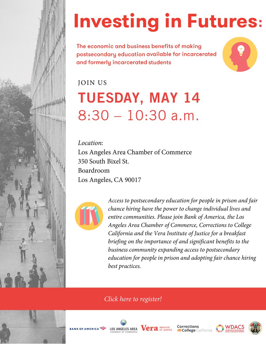 Tuesday, May 14: Join @LAAreaChamber, @BankofAmerica, @VeraInstitute & #CorrectionstoCollegeCA for a panel discussion about how access to postsecondary education for people in prison and #FairChanceHiring can change lives and entire communities.
 
vera.org/events/investi…
