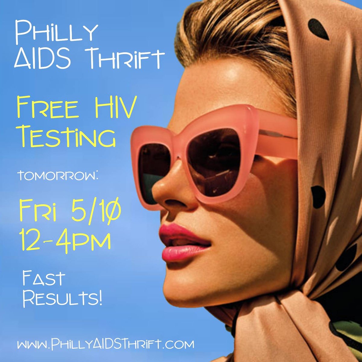 Stop in to our HIV Testing Center Tomorrow: Friday 5/10, 12–4pm—2nd flr. Free screenings. Results in minutes! #PhillyAIDSThrift #FreeHIVTesting