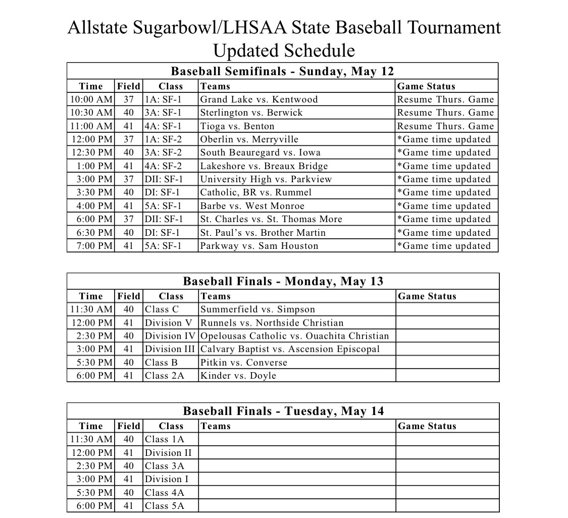LHSAA's tweet image. Due to severe weather conditions in Sulphur &amp;amp; surrounding areas the Baseball State Tournament will resume Sun. May 12. Games that were started Thursday will be resumed from the point of suspension of the game. Go to Lhsaa.org for more info.