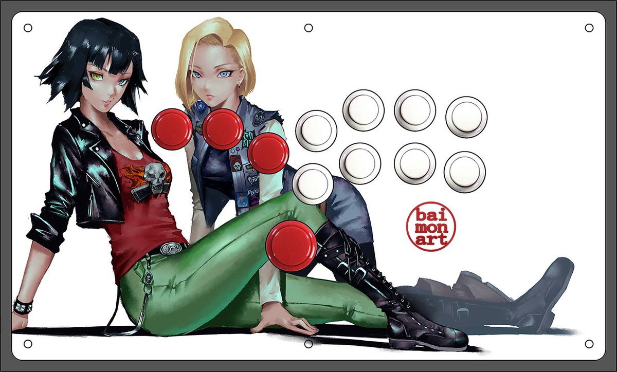 If anyone wants commissions like this from me you can bet your ass I'll be here. Arcade stick (or Hitbox) no bg custom art commission of casual I-No and Android 18 for @EffayFGC 