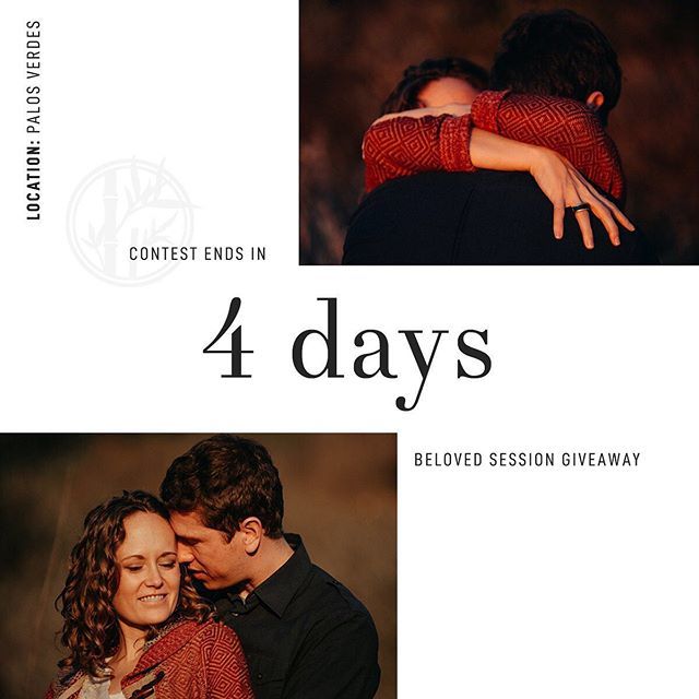 *FOUR days remaining*

All: I am offering an EPIC Beloved session at any location of your choice!  You do not have to be engaged to win.  You can already be married or just in a relationship. The only requirement is that you love your partner and you must be ready to make so…