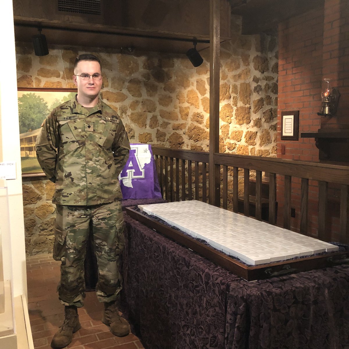 SFASU's tweet photo. For the first time in The Big Dip’s history, SFA class rings will spend the night in the Stone Fort Museum guarded by @SFA_ROTC students and Ole Cotton. Purple lights will illuminate the museum throughout the evening, adding even more #PurplePride to the #SFABigDip. @SFA_Alumni https://t.co/EWuh44wmn6