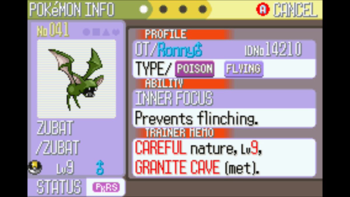 ...im just speachless. Yes, 2nd shiny zubat in 469 REs on sapphire. Yes, 2 in 1 day for sapphire. That is not all. That freaking zubat had pokerus on it!!!! Shiny odds 1 in 8192. Pokerus odds are 1 in 21,845. I dont want to know the odds for a pkrs shiny lol