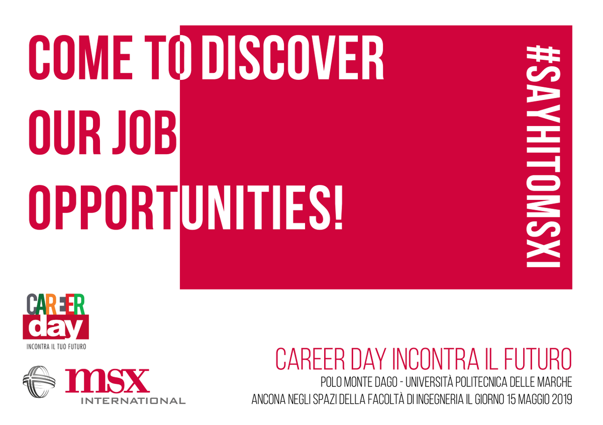 msxide's tweet photo. MSX International @ Career Day Incontra il Tuo Futuro | Join Us &amp; Discover Exciting Opportunities for Engineering Students : Our Project Managers to Present New Careers in the Technical Field | May 15, 2019| Polytechnic University of Marche | Polo Monte Dago https://t.co/RvtrPeJ8kL